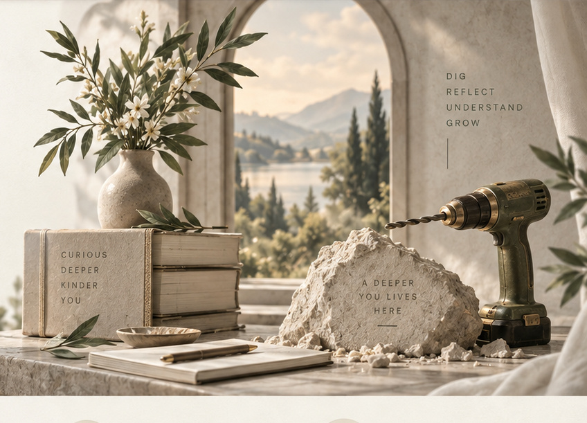 A botanical interior with books, an engraved stone, and a drill beside a window overlooking quiet hills